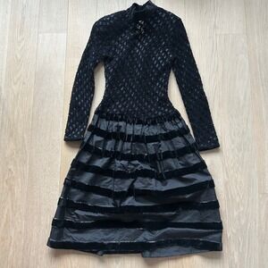 Courreges Paris Dress Sz 38 Black Vintage Long Sleeve Velvet Midi Whimsigoth